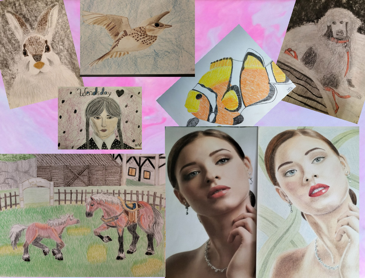 Eine Collage aus Tierzeichnungen, Porträts und Landschaftsbildern in Pastelltönen.