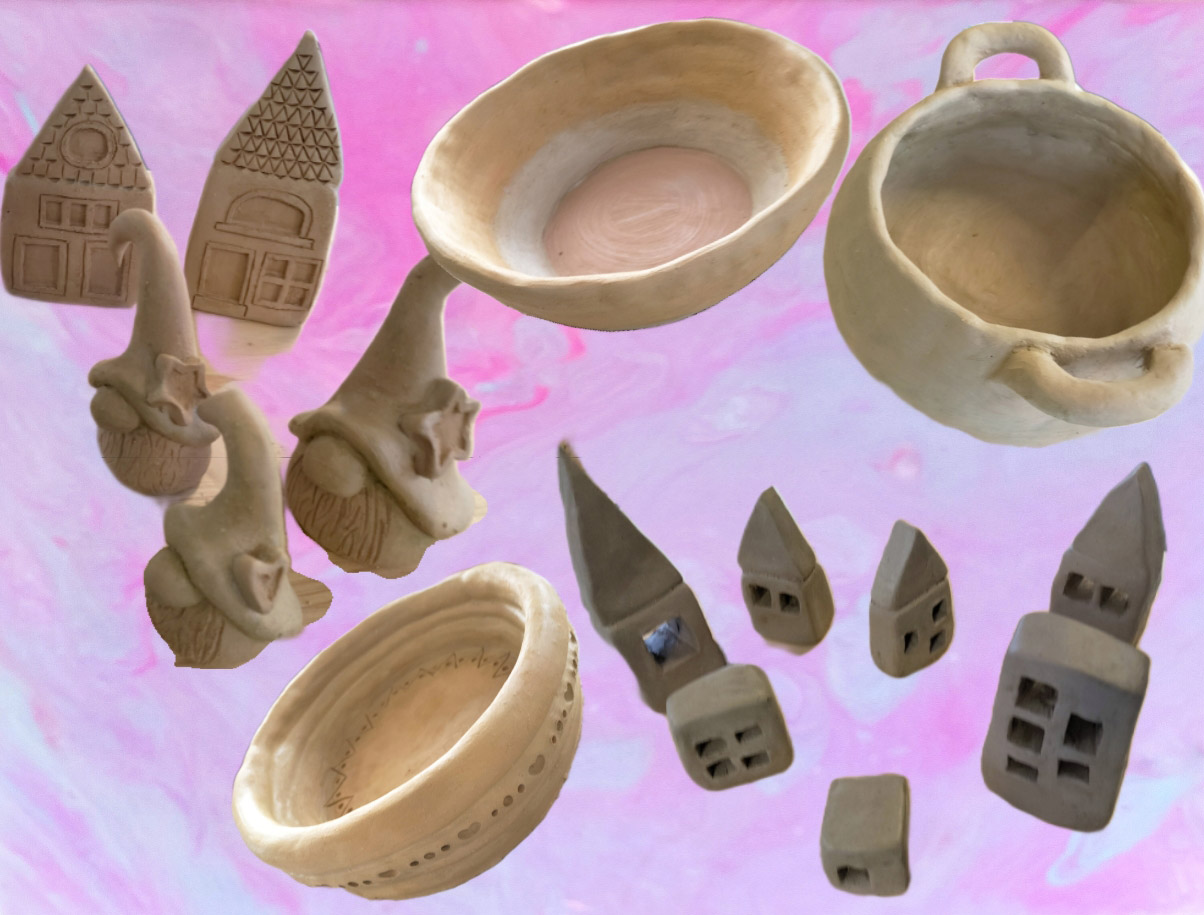 Verschiedene handgefertigte Töpferwaren auf rosa Hintergrund, darunter Becher, Schalen und dekorative Figuren in Beige.