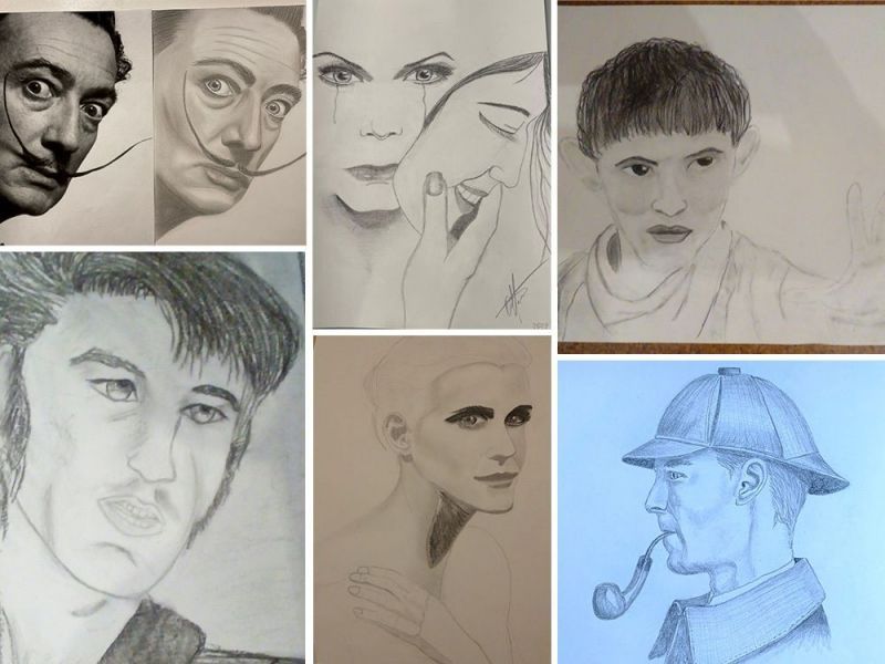 Collage aus sechs Bleistiftzeichnungen mit Personenporträts und konzentrierten Gesichtsausdrücken