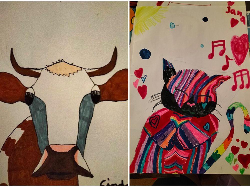 Links neben einer gezeichneten braunen Kuh mit sanftem Blick ist rechts eine bunte Katze mit Herzen und Musiknoten zu sehen