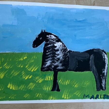 Ein gemaltes schwarzes Pferd steht auf einer grünen Wiese vor blauem Himmel