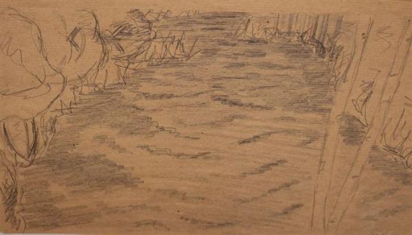 Eine mit Bleistift gezeichnete Flusslandschaft mit Bäumen und ruhigem Wasserverlauf