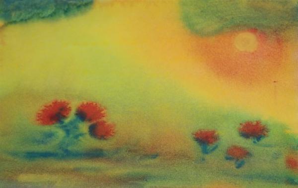 Ein sanftes Aquarellbild zeigt rote Blumen auf grün-gelbem Untergrund mit Sonne