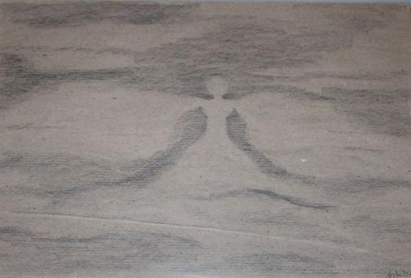 Eine schemenhafte Figur mit ausgebreiteten Armen wirkt ruhig auf graubraunem Grund