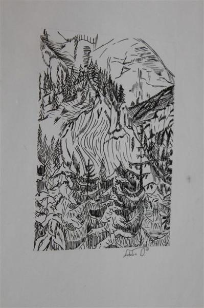 Schwarzweiß-Zeichnung einer bewaldeten Berghanglandschaft mit einem Gebäude oben