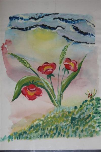 Aquarellbild mit drei roten Blumen, grünen Blättern und einer kleinen Spinne im Gras