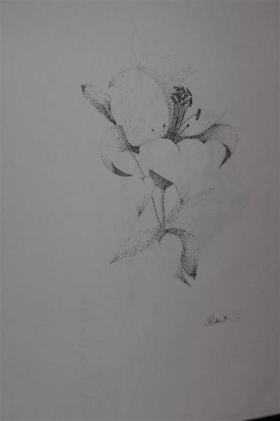 Feine schwarzweiße Zeichnung einer stilisierten Blume mit detaillierten Punkten und Linien