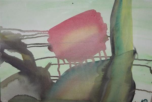 Abstraktes Aquarell mit rotem Fleck, grünlichen Flächen und verlaufenden Linien