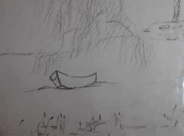 Eine kleine Skizze zeigt ein leeres Boot auf einem ruhigen See in grauen Tönen