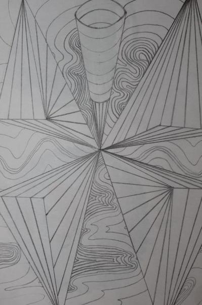 Abstrakte schwarz weisse Zeichnung mit geometrischen Formen und gewellten Linien