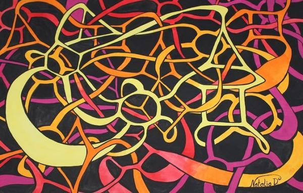Bunte abstrakte Linien in Gelb, Orange und Pink verlaufen auf schwarzem Hintergrund