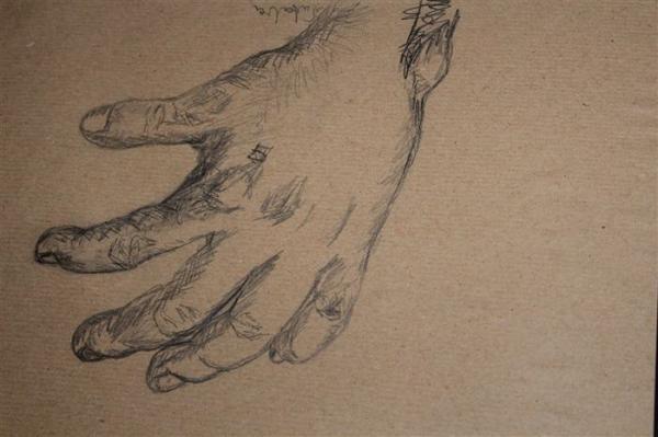 Eine gezeichnete menschliche Hand mit sichtbaren Adern auf braunem Papier