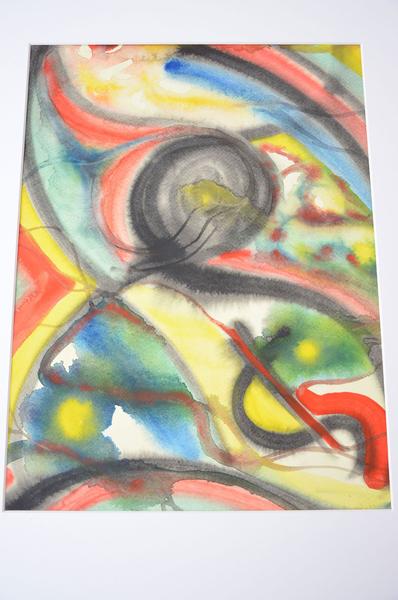 Ein abstraktes Aquarellgemälde mit kräftigen Farben und geschwungenen Linien