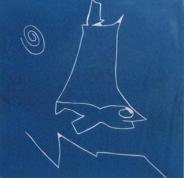 Eine minimalistische Strichzeichnung eines Gesichts auf blauem Hintergrund mit Spirale