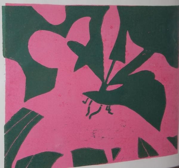 Abstraktes Kunstwerk mit grünen und pinken Flächen sowie dynamischen Formen