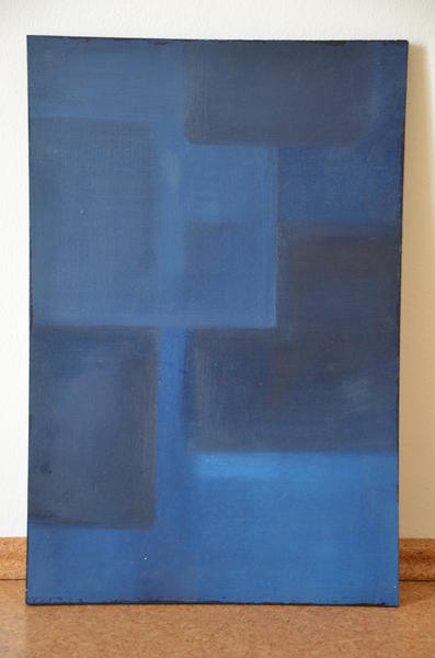 Abstraktes Gemälde mit überlappenden Rechtecken in Blauschattierungen auf Leinwand