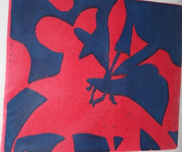 Abstraktes Bild in Rot und Blau mit ineinander verwobenen organischen Formen