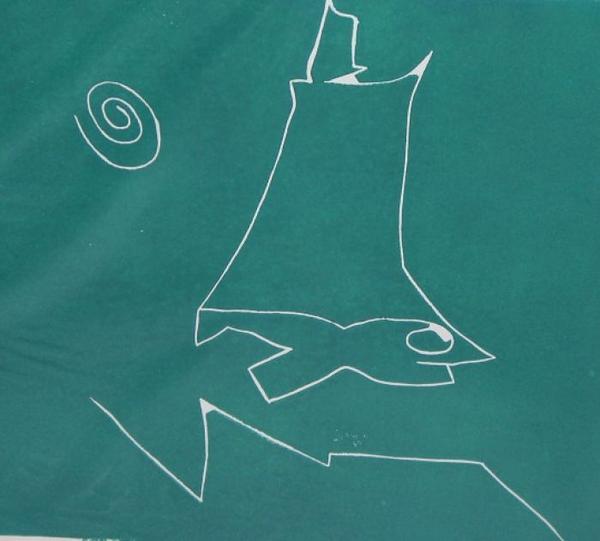 Eine abstrakte Zeichnung in Weiß auf grünem Grund zeigt stilisierte Gesichtsformen
