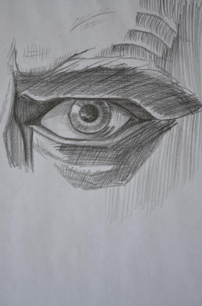 Eine Bleistiftzeichnung zeigt ein ausdrucksstarkes menschliches Auge mit Schattierungen