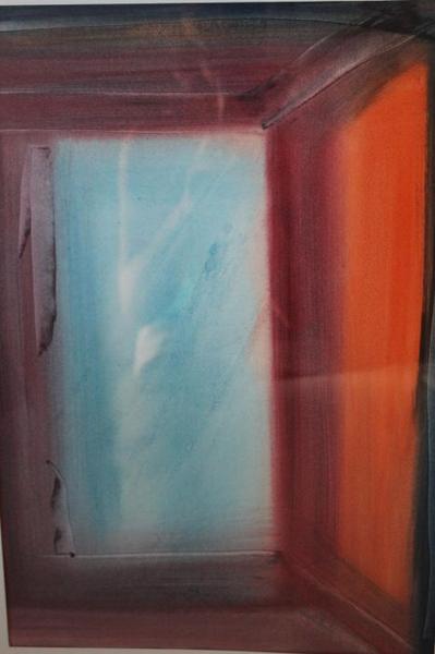 Ein abstraktes Gemälde mit blauen und orangen Flächen in geometrischen Formen