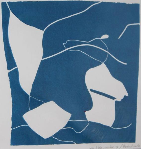 Eine abstrakte blaue Grafik mit weißen Linien und angedeutetem Profil im Profil