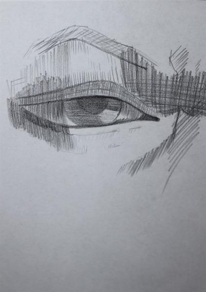 Eine mit Bleistift skizzierte, nachdenklich blickende Auge Zeichnung auf weißem Papier