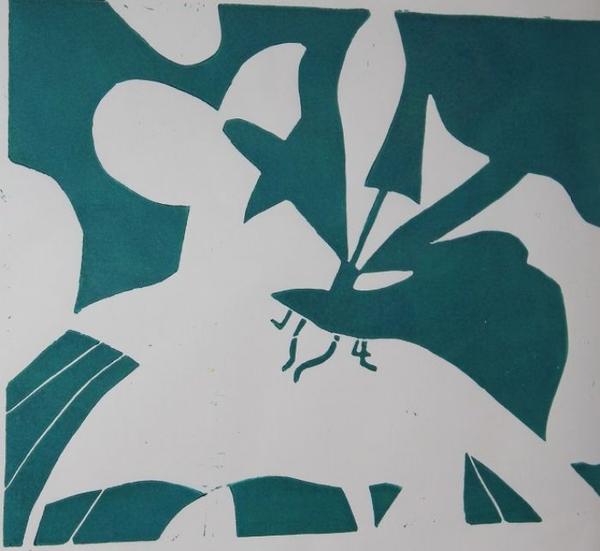 Abstraktes Bild in Grün und Weiß mit floralen Formen und weichen Linien
