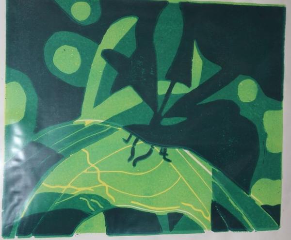 Eine dunkelgrüne Heuschrecke sitzt auf einem leuchtend grünen Blatt im Schatten