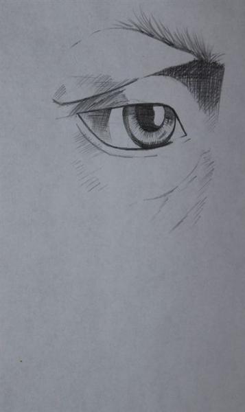 Ein gezeichnetes menschliches Auge mit ernstem Blick und feinen Schattierungen auf weißem Papier