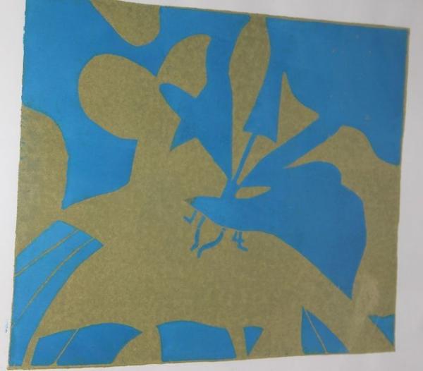 Eine abstrakte Darstellung in Blau und Olivgrün mit organischen Formen und Linien