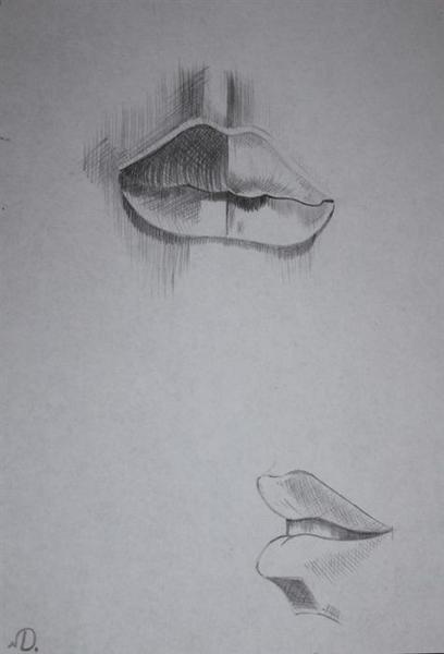 Zwei mit Bleistift gezeichnete Paare von Lippen auf weißem Papier, schattiert und konturiert