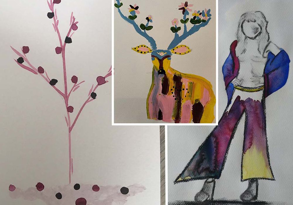Eine gemalte Frau mit Schlaghose und bunter Jacke neben buntem Hirsch und Baum