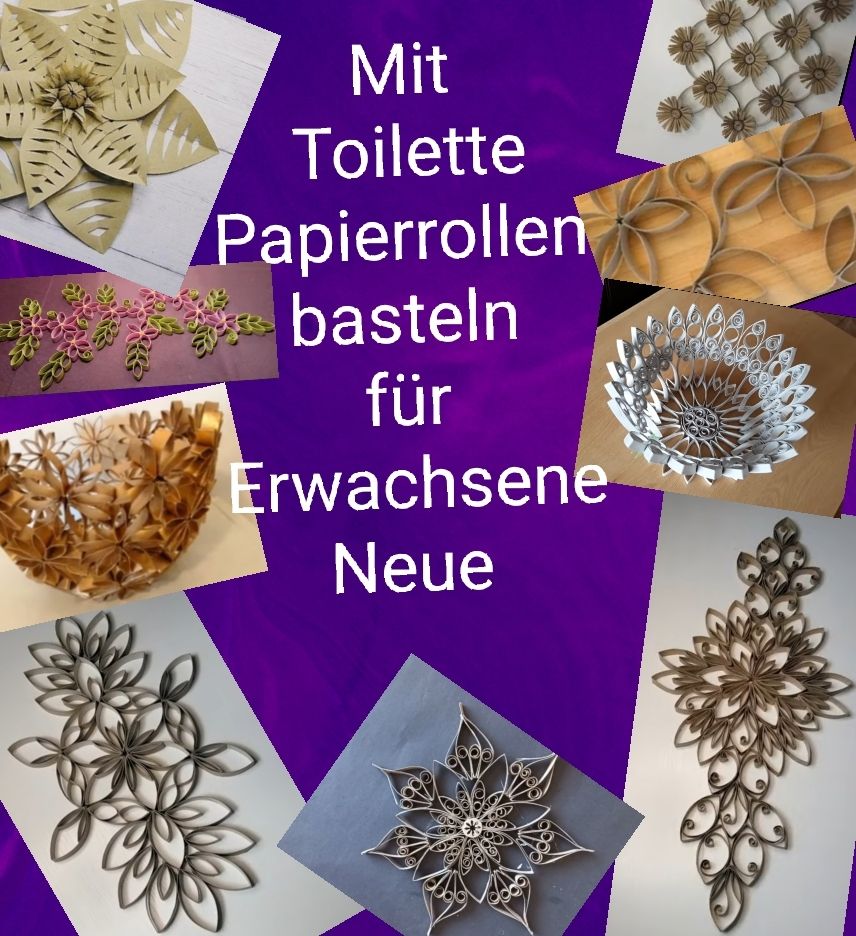 Lila Poster mit ruhigem Schriftzug und Papierrollen Bastelblumen in Braun und Grau