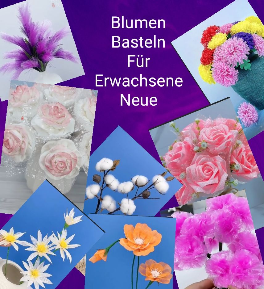 Collage bunter Blumenbasteleien mit freundlichem Schriftzug auf violettem Grund