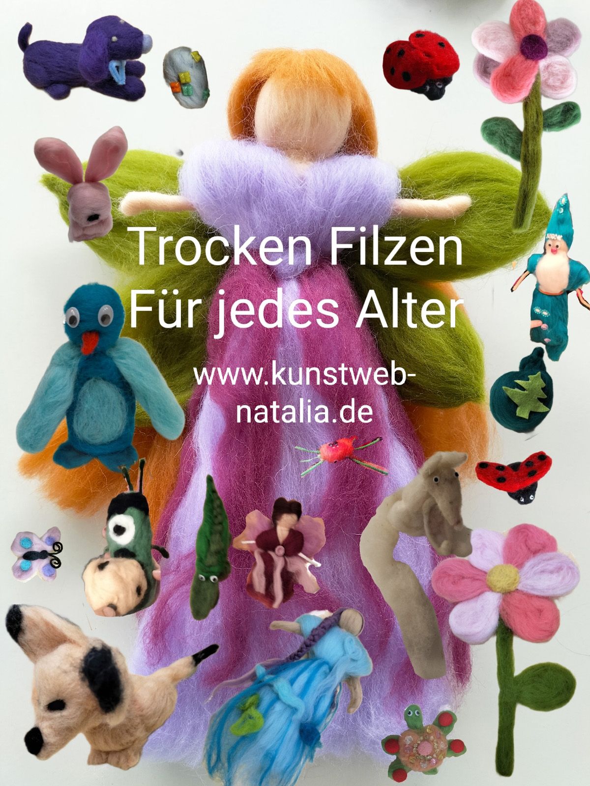 Filzfigur mit orangefarbenem Haar und Fluegeln umgeben von bunten Tieren und Blumen