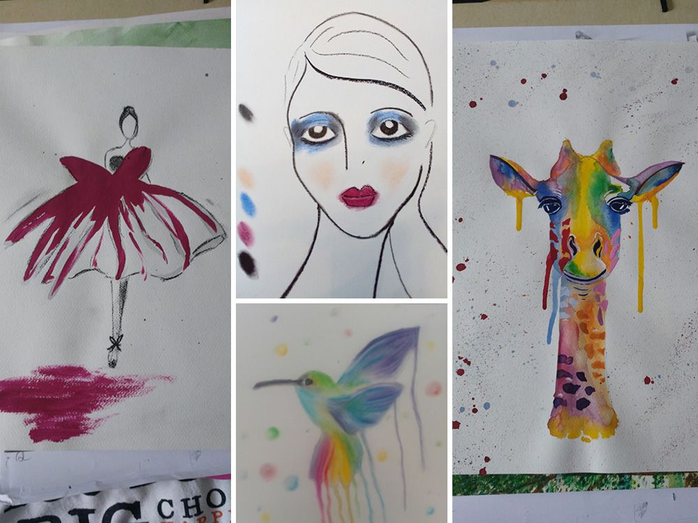 Eine Person im Mittelpunkt mit neutralem Gesichtsausdruck, umgeben von bunten Bildern wie einem tanzenden Mädchen, einem farbenfrohen Kolibri und einer kunterbunten Giraffe