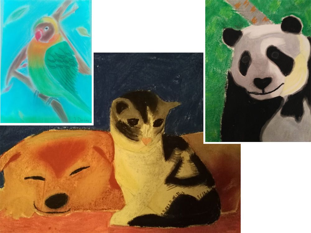Ein grüner Vogel und ein fröhlicher Panda begleiten einen ruhenden Hund und eine Katze