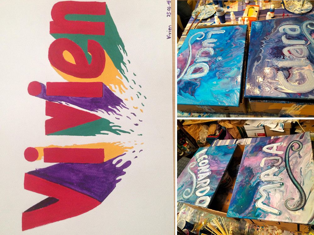 Eine bunte Illustration mit dem Namen Vivien und drei gemalte Leinwände in Blau- und Lilatönen, jeweils mit Namen und kunstvollen Mustern verziert