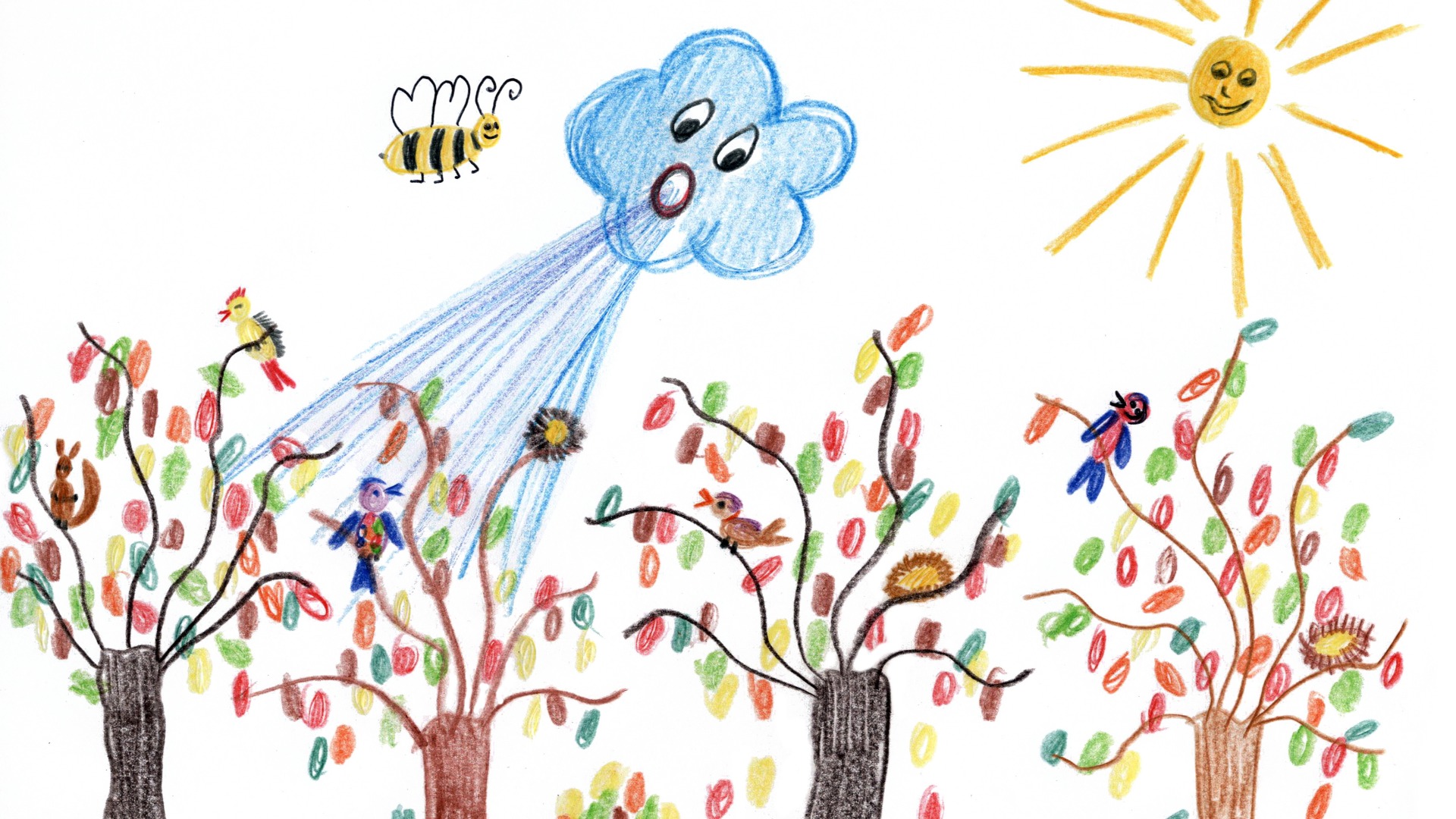 Kinderzeichnung - Herbstwind im Garten