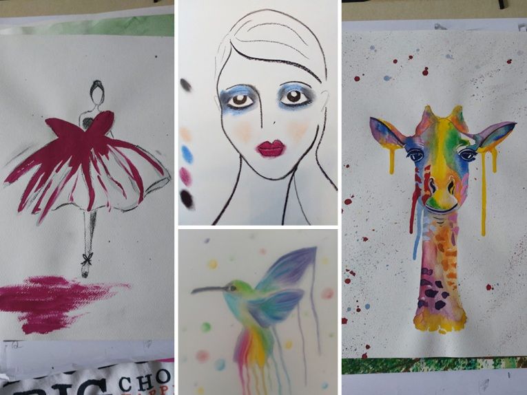 Vier verschiedene farbenfrohe Kunstwerke zeigen eine Tänzerin, Vogel und Giraffe