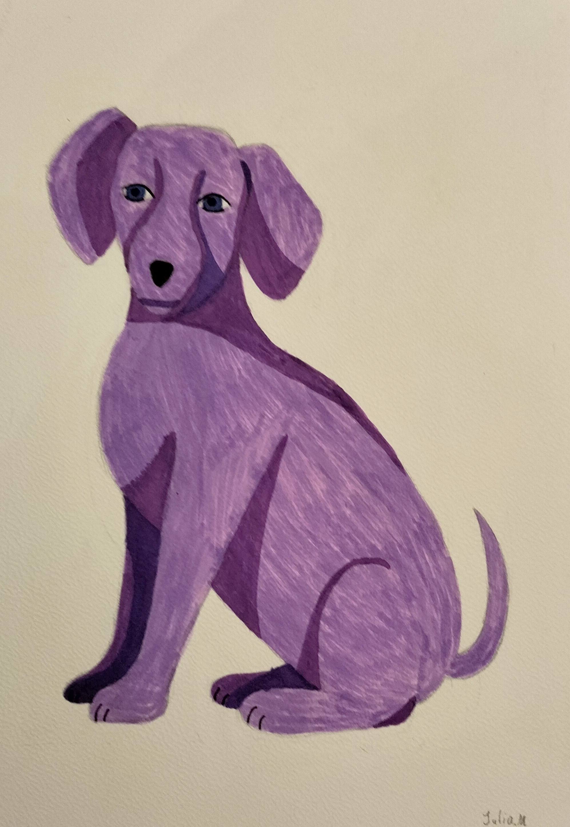 Violetter sitzender Hund mit neutralem Blick und geschwungenem Schwanz