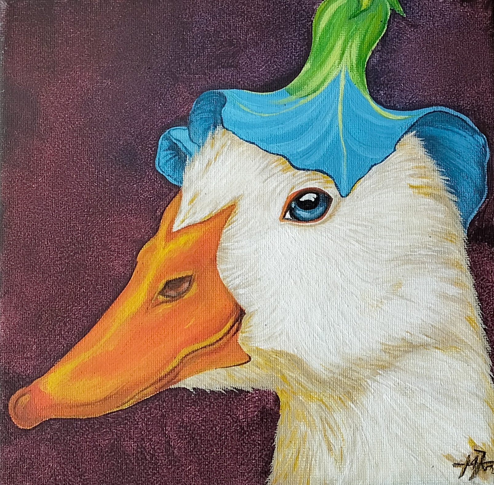 Weiße Ente mit ruhigem Blick, orangefarbenem Schnabel und blaugrünem Helm