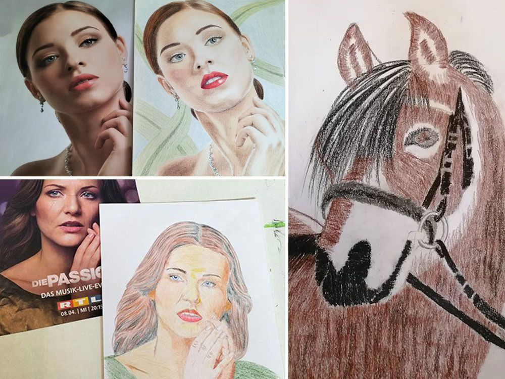 Vier Portraitskizzen, nachdenklich, braun und gruen, plus Pferdekopfdetail